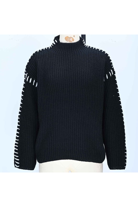Crewneck Sweater for Women Cozy Chest Pocket Ribbed Knit Pullover Solid Color Long Sleeve Jumper Tops