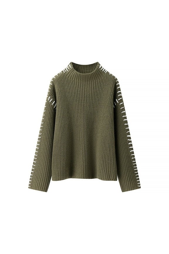 Crewneck Sweater for Women Cozy Chest Pocket Ribbed Knit Pullover Solid Color Long Sleeve Jumper Tops