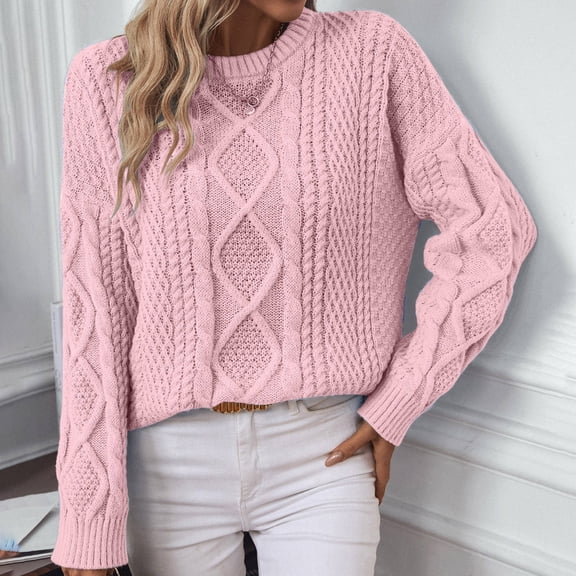 AGWOLF Crewneck Sweater for Women Preppy Cable Knit Jumper Loose Fit Long Sleeve Solid Pullover Tops Trendy Pullover Winter Clothes