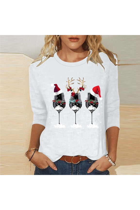 Crewneck Sweatshirts for Women Ugly Christmas Plus Size Long Sleeve Shirts Red Wine Glass Graphic Xmas Pullover