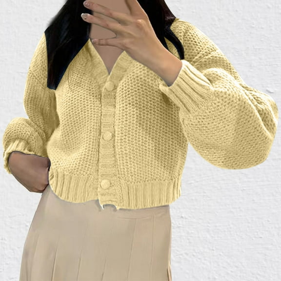 AGWOLF Cropped Cardigan Sweaters for Women Fashion Button Up Knit Jackets Solid Lantern Long Sleeve Tops Fall Winter Y2K Coat