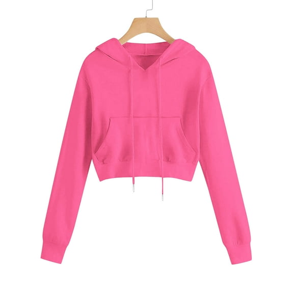 AGWOLF Cropped Sweatshirts for Women Trendy Long Sleeve Hooded Tops with Pocket Cute Solid Color Y2K Hoodies