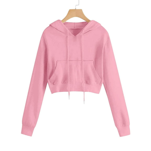 AGWOLF Cropped Sweatshirts for Women Trendy Long Sleeve Hooded Tops with Pocket Cute Solid Color Y2K Hoodies
