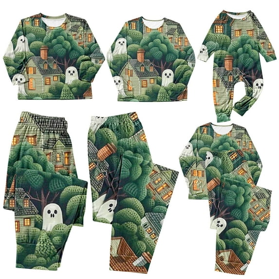 AGWOLF Cute Ghost Matching Family Pajamas Sets 2 Piece Long Sleeve Pj Set 2024 Halloween Pajamas for Family Matching Set Trendy Novelty Print Halloween Costumes Dad L