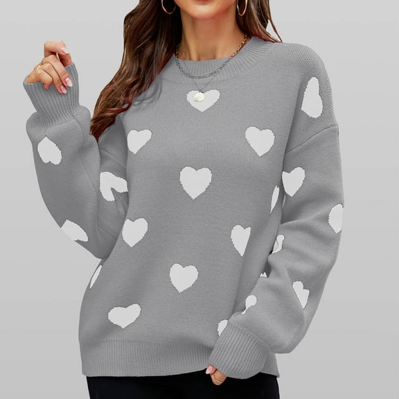 AGWOLF Cute Sweaters for Women Chunky Crewneck Knit Pullover Casual Heart Print Long Sleeve Jumper Trendy Drop Shoulder Tops