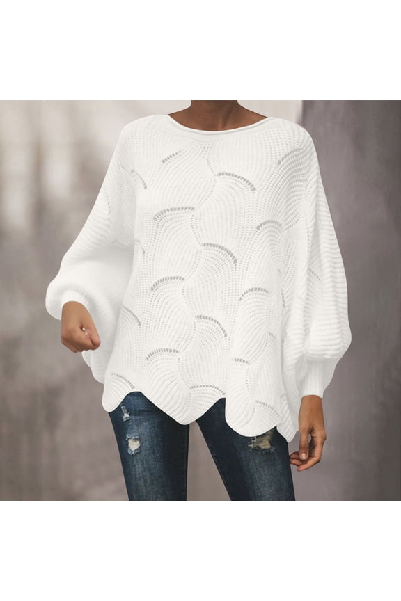 Cute Sweaters for Women Oversized Boat Neck Knit Pullover Batwing Long Sleeve Crochet Hollow Out Jumper Irregular Hem Tops