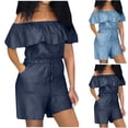thumbnail image 1 of AGWOLF Denim Jumpsuits for Women Plus Size Off the Shoulder Ruffle Rompers Summer Strapless Short Jumpsuit with Pockets Blue XXXL, 1 of 7