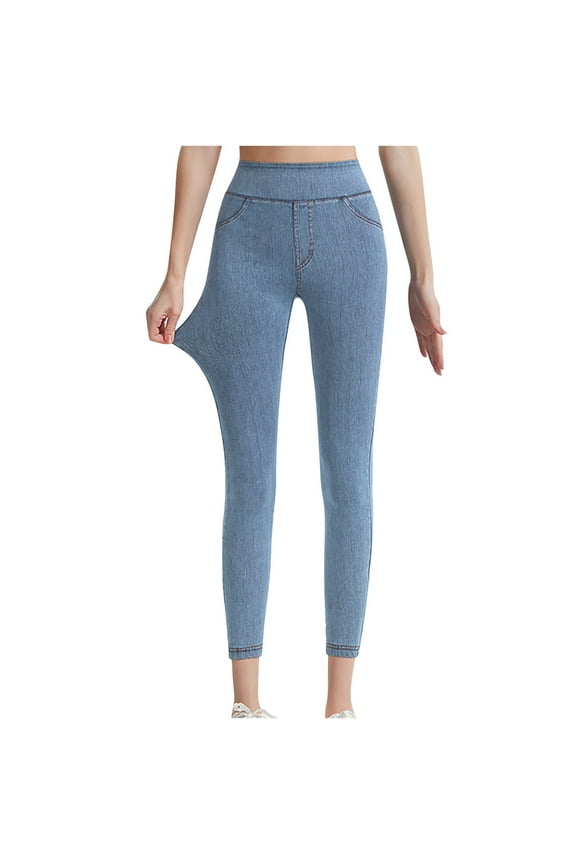 Denim Leggings for Women with Pockets High Waisted Tummy Control Jean Leggings Stretchy Slim Skinny Denim Pants Butt Lift Workout Yoga Pants