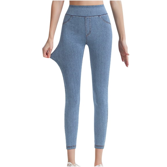 AGWOLF Denim Leggings for Women with Pockets High Waisted Tummy Control Jean Leggings Stretchy Slim Skinny Denim Pants Butt Lift Workout Yoga Pants