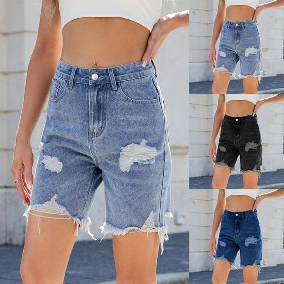 AGWOLF Denim Shorts for Women High Rise Ripped Jorts Button Up Stretchy Jean Shorts Distressed Torn Destroyed Hem Jort with Pockets Dark Blue L