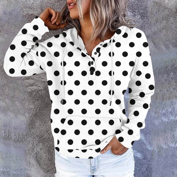 AGWOLF Dot Print Hoodies for Women Business Button Collar Hooded Sweatshirts with Pocket Casual Long Sleeve Tops