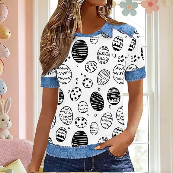 AGWOLF Easter Eggs Hunt Shirts for Women Lapel Waffle Knit Tunic Tops Short Sleeve Graphic Tees Religious Blouses Black L