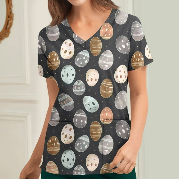 AGWOLF Easter Scrub Tops Women Cute Egg Graphic Nurse Scrubs V Neck Short Sleeve Shirts with Pocket Easter Day Egg Graphic Tees Holiday Working Uniform