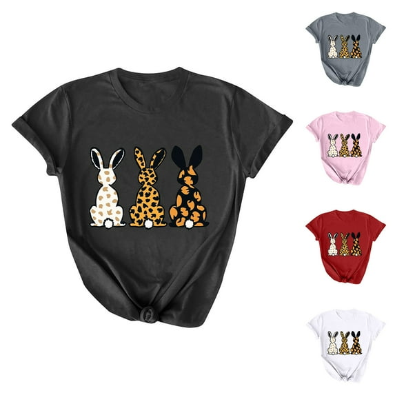 AGWOLF Easter Shirt for Women Happy Easter Bunny Tee Cute Leopard Rabbit Graphic Tees Casual Short Sleeve Crewneck T Shirts Holiday Gifts Tops