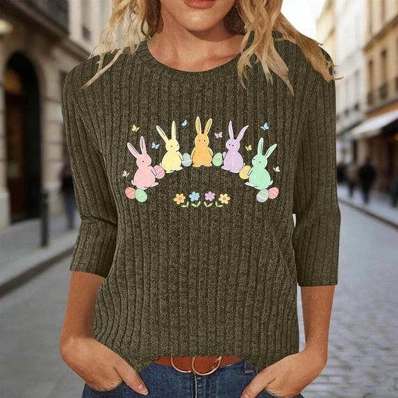 AGWOLF Easter Shirts for Women 3/4 Sleeve Round Neck Knit Pullover Cute Rabbit Bunny Print T-Shirt Religious Tops Tunic Army Green M
