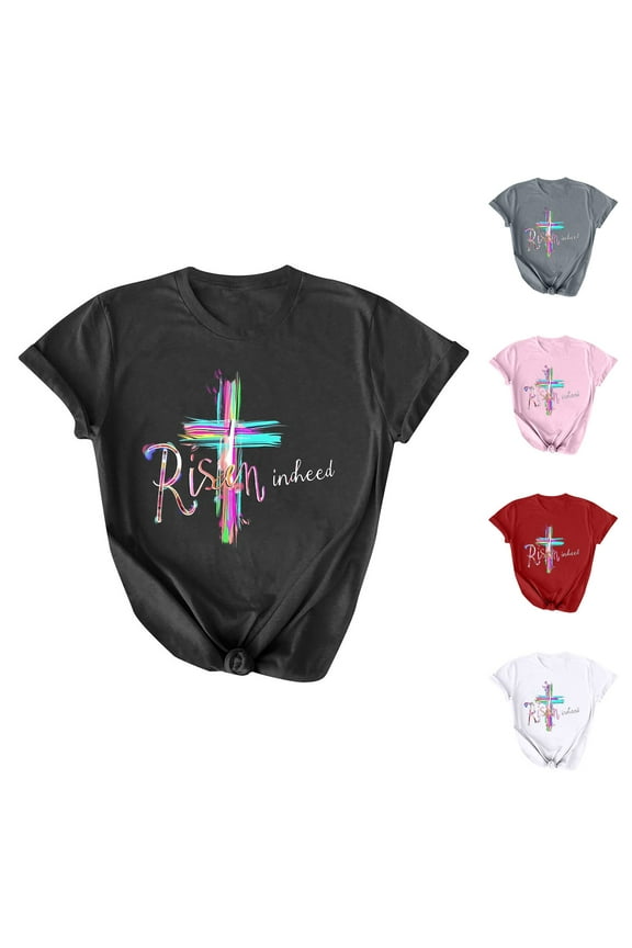 Easter Shirts for Women Christian T-shirts Short Sleeve Colorful Cross Print Tee Tops Religious Quotes Shirt Womens Easter T Shirts