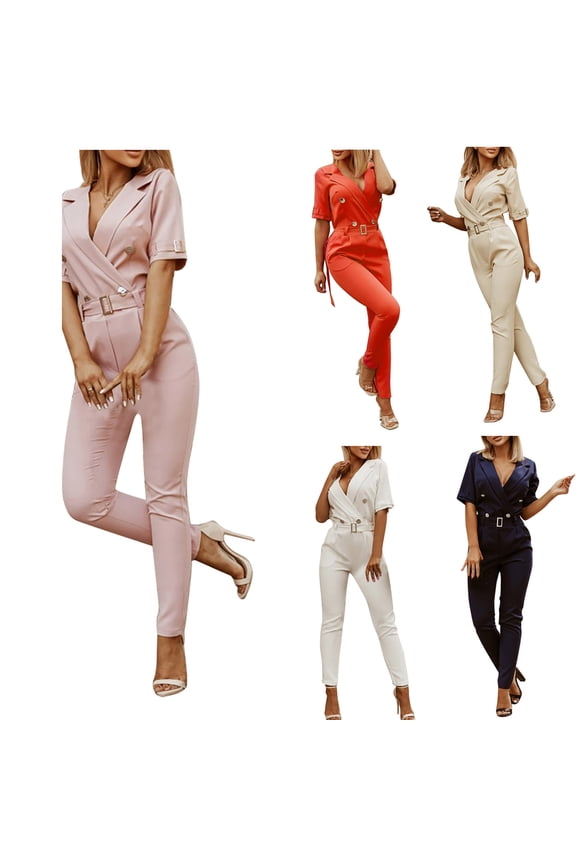Elegant Jumpsuits for Women Business Suit Sets V Neck Sleeveless One Piece Rompers with Belt Straight Leg Long Pants Romper with Pockets Pink S