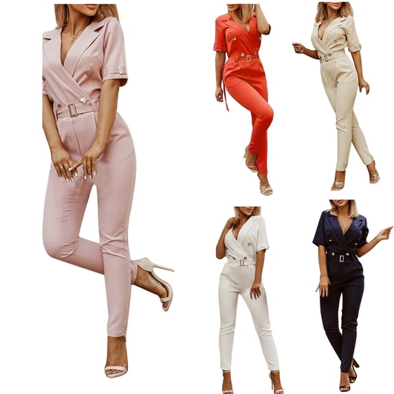 AGWOLF Elegant Jumpsuits for Women Business Suit Sets V Neck Sleeveless One Piece Rompers with Belt Straight Leg Long Pants Romper with Pockets Red XL