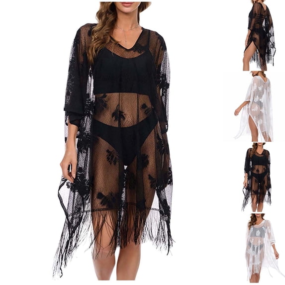 AGWOLF Elegant Lace Beach Cover Up for Women Bathing Suit Cover Up Sheer Tassel Hem Swimsuit Coverup for Poolside Seaside Black Free Size