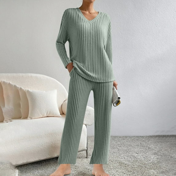 AGWOLF Fall Outfits for Women 2024 Women's Knitted 2 Piece Outfits Long Sleeve V Neck Shirts and Wide Leg Pants Fall 2 Piece Lounge Sets
