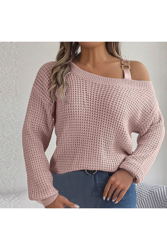 Fall Sweater for Women Trendy Metal Buckle Strap Cold Shoulder Knit Pullover Lightweight Solid Color Y2K Tops