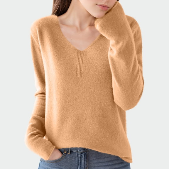 AGWOLF Fall Sweaters for Women Cozy V Neck Knit Pullover Fuzzy Lightweight Long Sleeve Jumper