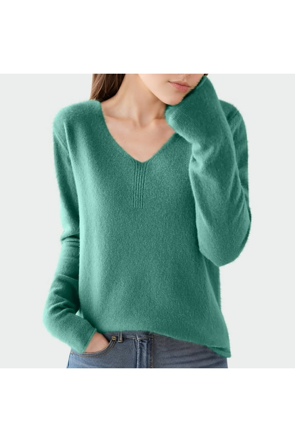 Fall Sweaters for Women Cozy V Neck Knit Pullover Fuzzy Lightweight Long Sleeve Jumper
