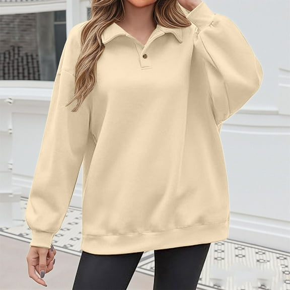 AGWOLF Fall Sweatshirts for Women Casual Solid Color Button Collar Sweatshirt Oversized Long Sleeve Pullover