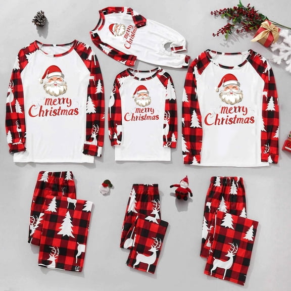AGWOLF Family Christmas Pajamas Matching Sets Trendy Santa Graphic Long Sleeve Shirts & Funny Print Pj Pants Festival Xmas 2 Piece Pjs Set for Party