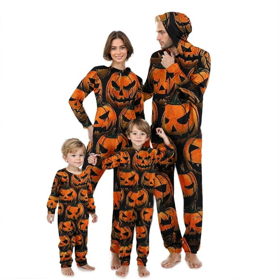 AGWOLF Family Halloween Pajamas Matching Sets,Cute Pumpkin Print PJs,Outfits Funny Mummy Cosplay Costume, Vacation Hooded Onesie Jammies Loungewear for Women/Men Mom L