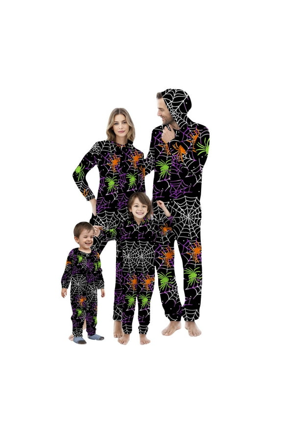 Family Matching Onesies Pajamas Halloween Bat Web Costume Zipper Hoodie Sleepwear Halloween Pjs Sets for Party Night Mom XL