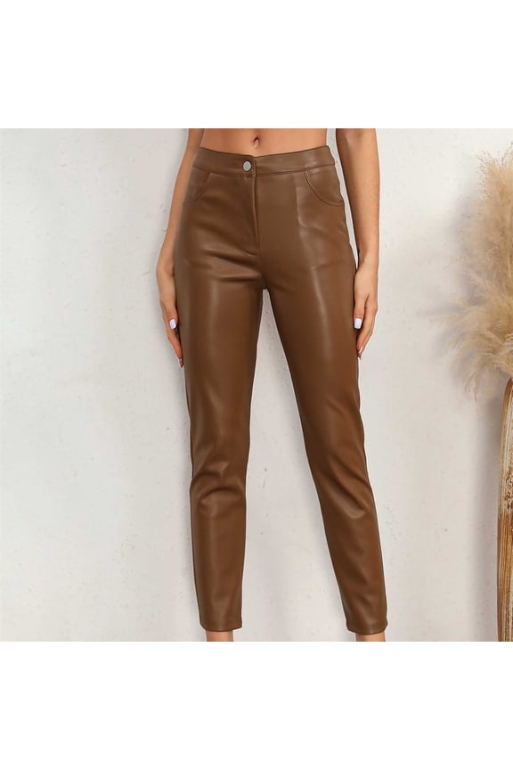 Faux Leather Pants for Women Trendy Straight Leg High Waist Trousers Dressy Business Pockets Office Pant
