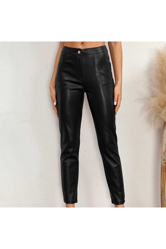Faux Leather Pants for Women Trendy Straight Leg High Waist Trousers Dressy Business Pockets Office Pant