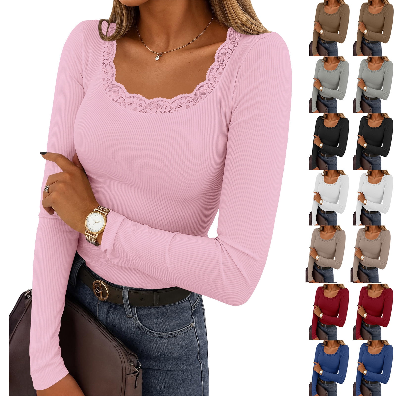 AGWOLF Fitted Long Sleeve Shirts for Women Ribbed Knit Going Out Tops ...