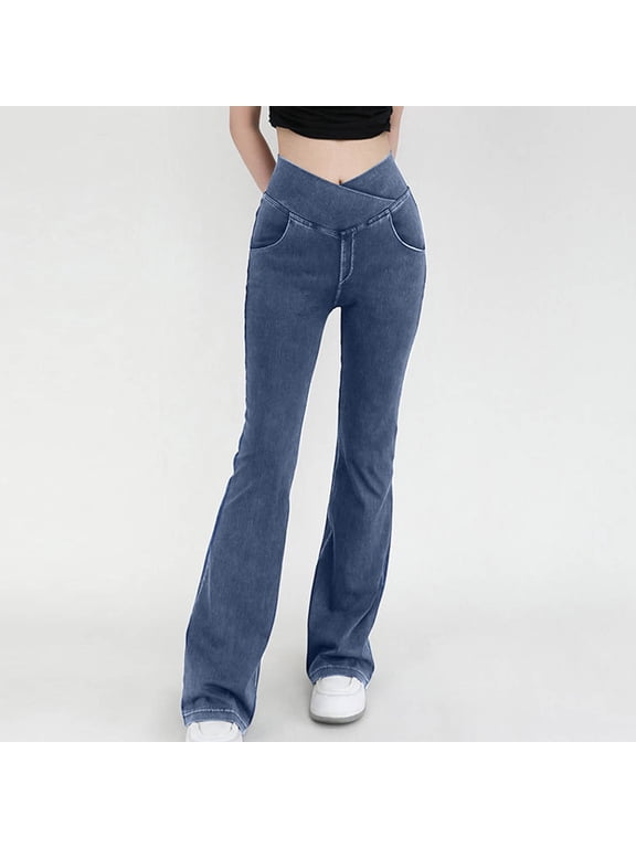 Flare Jean Leggings for Women High Waisted Denim Pants Crossover Tummy Control Bootcut Yoga Leggings with Pockets Workout Gym Leggings