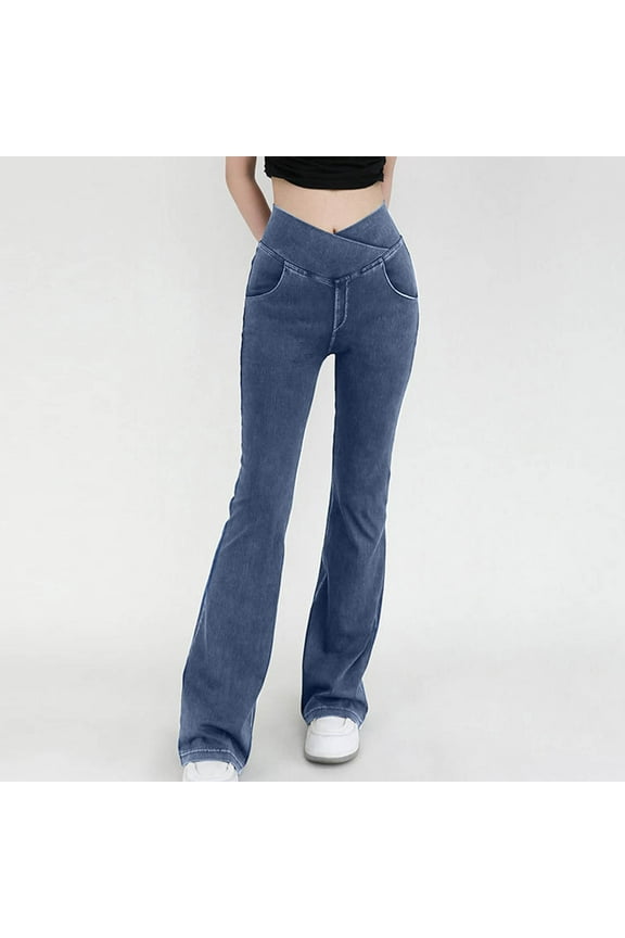 Flare Jean Leggings for Women High Waisted Denim Pants Crossover Tummy Control Bootcut Yoga Leggings with Pockets Workout Gym Leggings