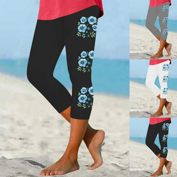 AGWOLF Floral Capri Leggings for Women Tummy Control High Waisted Yoga Capris Summer Knee Length Cropped Pants Boho Beach Pants