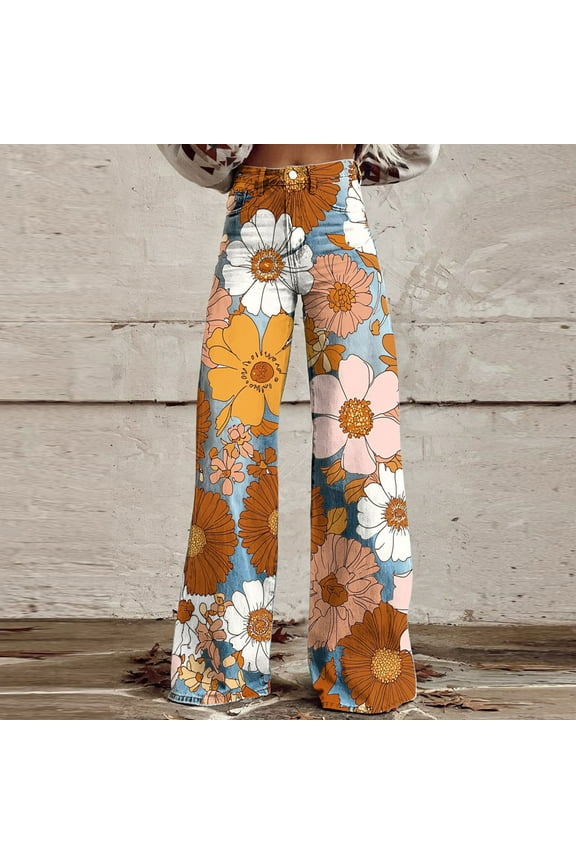 Floral High Waist Jeans for Women Baggy Flare Wide Leg Pants Casual Vacation Festival Boyfriend domin Pant
