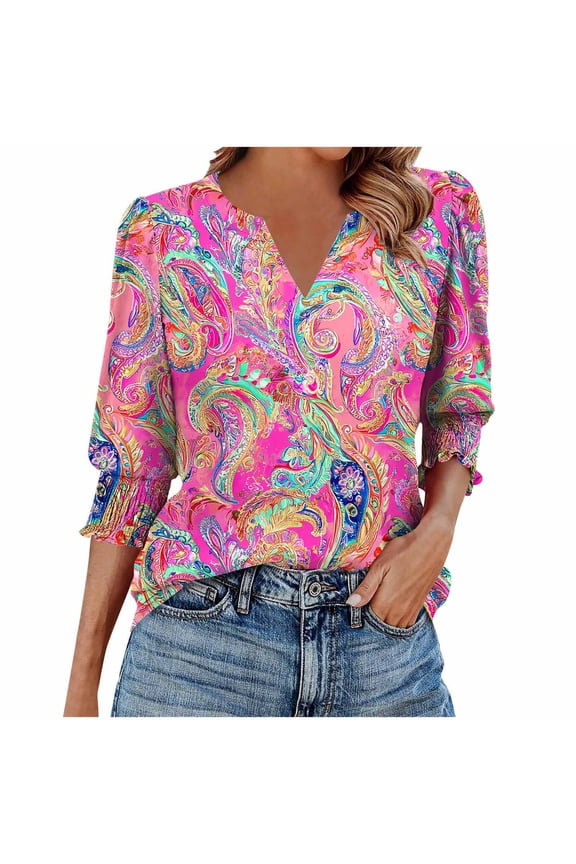 Floral Print Blouses for Women Dressy Casual 3/4 Length Sleeve Tunic Tops Trendy V Neck Womens Tops Hot Pink M