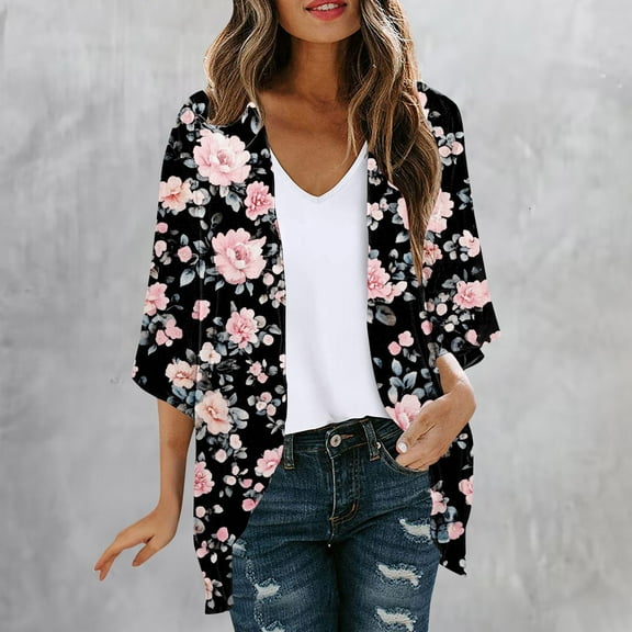 AGWOLF Floral Sheer Kimonos for Women Swimsuit Cover Ups Trendy Casual Kimono Cardigan Loose Open Front Cardigans 2025 Beach Summer Tops Multicolor,M