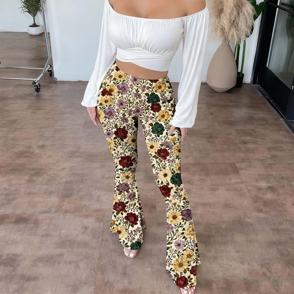AGWOLF Flower Flare Leggings for Women High Waist Boho Yoga Pants Casual Bell Bottom Legging for Gym Workout Beige XXL
