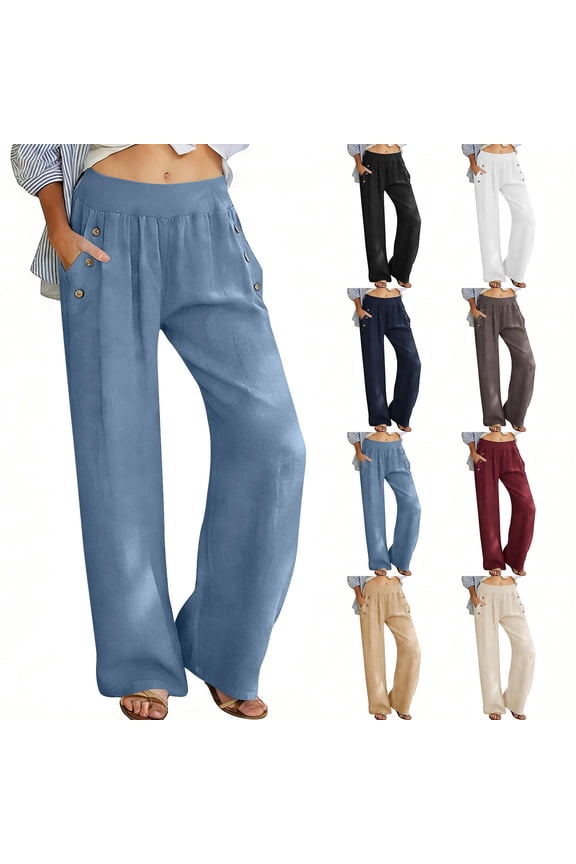 Flowy Palazzo Pants for Women High Waisted Wide Leg Pant Summer Boho Linen Trousers Beach Vacation Trouser with Pockets Light Blue S
