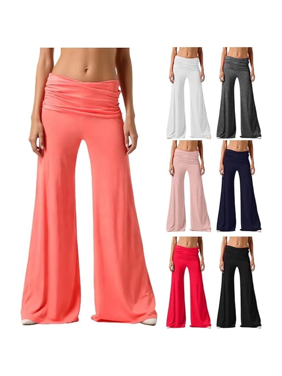 Fold Over Yoga Pants for Women Stretchy Low Waist Wide Leg Pant Athletic Flowy Palazzo Trousers Workout Pilates Dance Gym Trouser Black S
