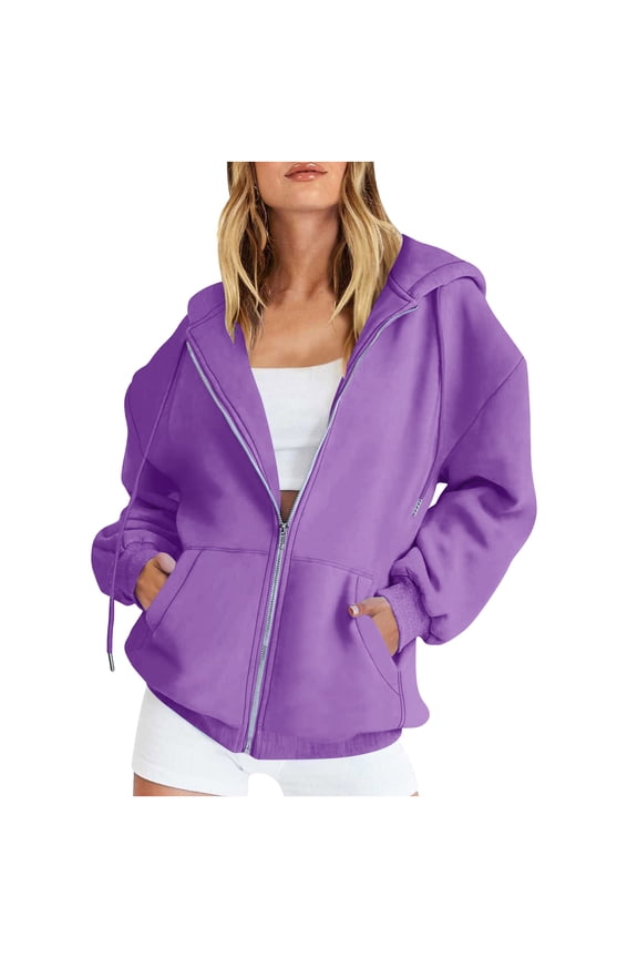 Full Zip Up Hoodies for Women Trendy Solid Color Long Sleeve Sweatshirts Fall Drawstring Hooded Jacket Coat