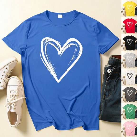 AGWOLF Funny Shirts for Women Casual Valentines Day Graphic Tees Short Sleeve Heart Print T Shirt Plus Size Crew Neck Tops