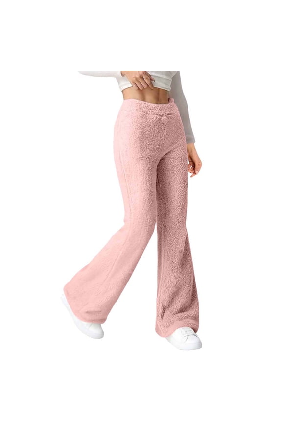 Fuzzy Flare Pants for Women Winter Fleece Lounge Pant Warm Elastic Waist Plush Trosuers