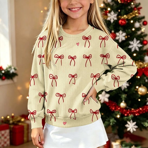 AGWOLF Girls Christmas Sweaters Long Sleeve Knit Kids Pullover Bow Graphic Crewneck Cute Sweater Tops for 5-15 Years