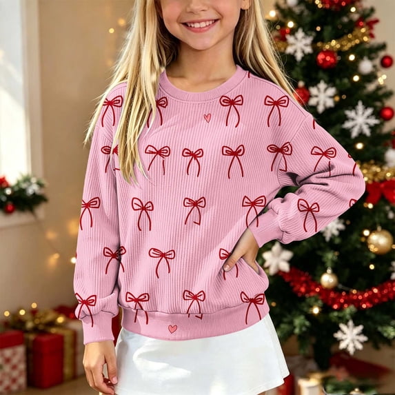 AGWOLF Girls Christmas Sweaters Long Sleeve Knit Kids Pullover Bow Graphic Crewneck Cute Sweater Tops for 5-15 Years