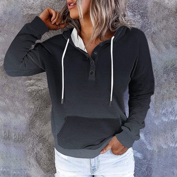 AGWOLF GradientHoodie for Women Quarter Button Color Block Sweatshirts Trendy Long Sleeve Hooded Pullover Fall Fashion Tops