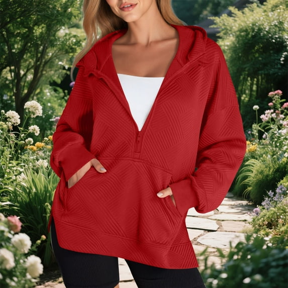 AGWOLF Half Zip Sweatshirt For Women Lightweight Side Split Hooded Sweatshirts Fashion Long Sleeve Hoodies with Pocket